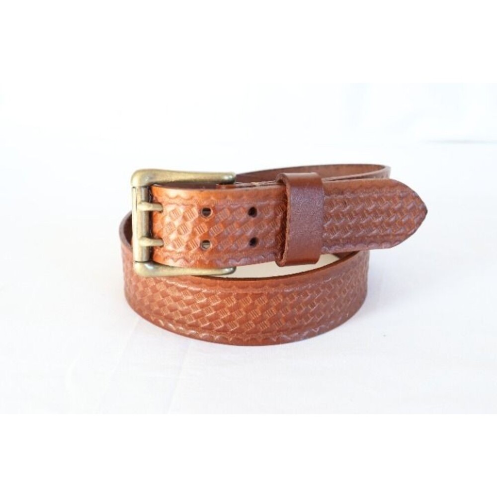 33" Handmade brown 100% cowhide embossed basketweav leather belt 2 hole buckle Y